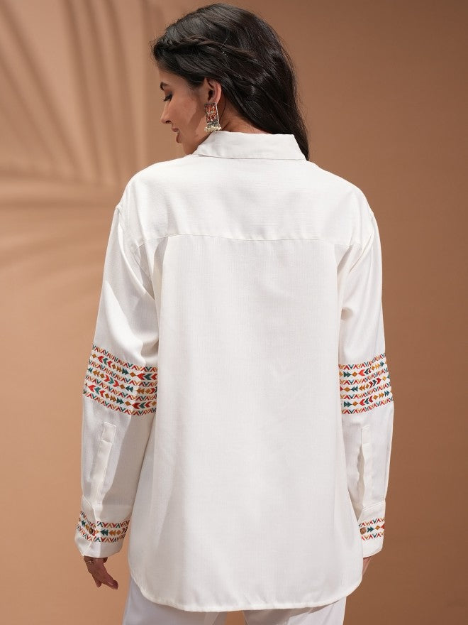 Vishudh Women Off White Embroidered Casual Shirt - Off White - Image 3
