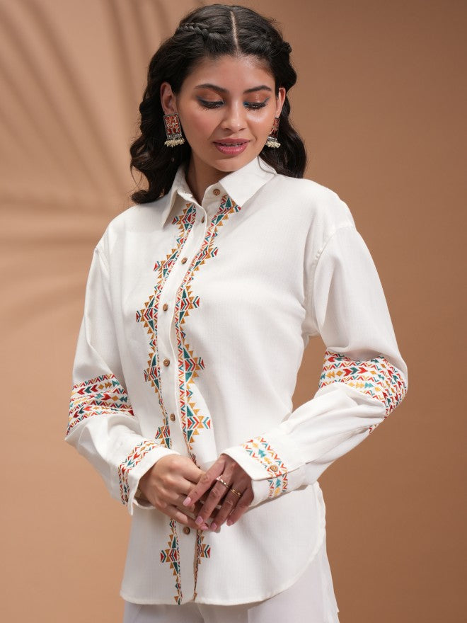 Vishudh Women Off White Embroidered Casual Shirt - Off White - Image 4