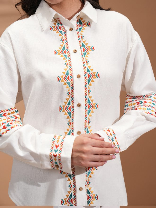Vishudh Women Off White Embroidered Casual Shirt - Off White - Image 5