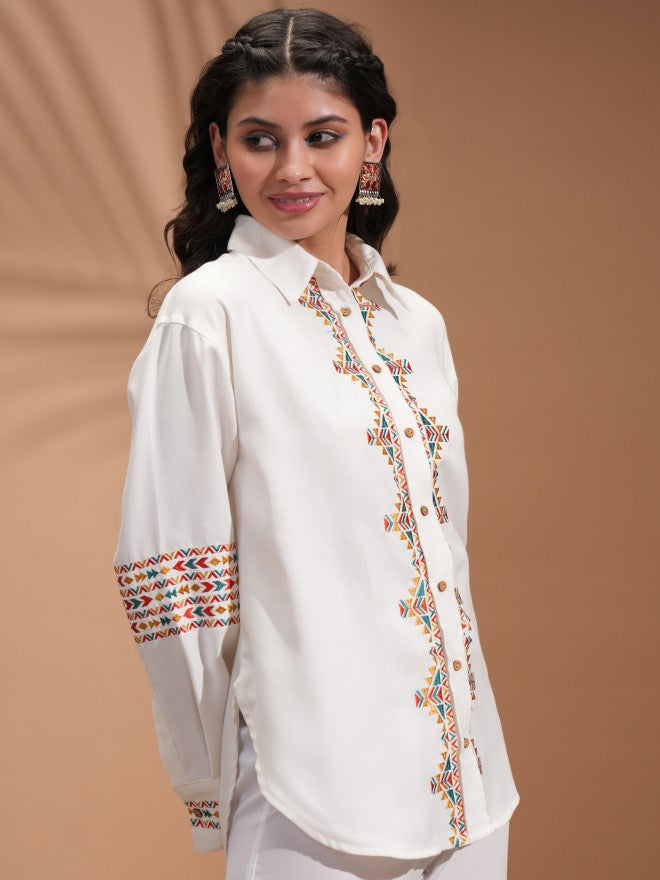 Vishudh Women Off White Embroidered Casual Shirt - Off White - Image 6