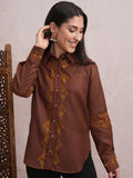 Vishudh Women Brown Embroidered Casual Shirt - Brown - Image 1