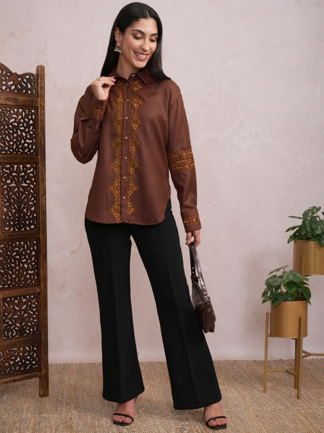 Vishudh Women Brown Embroidered Casual Shirt - Brown - Image 2