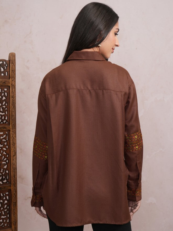 Vishudh Women Brown Embroidered Casual Shirt - Brown - Image 3