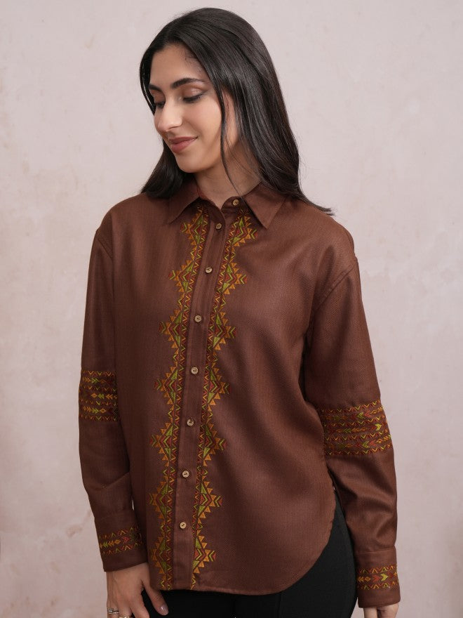 Vishudh Women Brown Embroidered Casual Shirt - Brown - Image 4