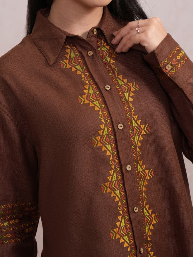 Vishudh Women Brown Embroidered Casual Shirt - Brown - Image 5