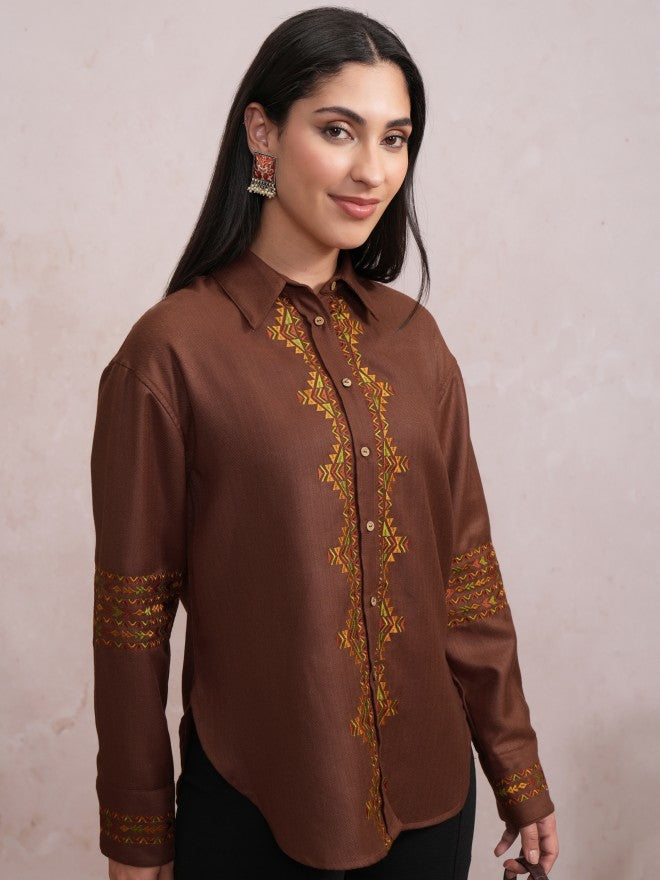 Vishudh Women Brown Embroidered Casual Shirt - Brown - Image 6
