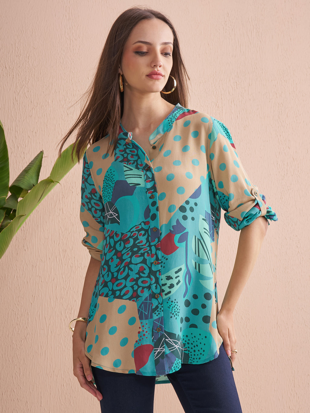 Vishudh Women Beige Printed Casual Shirt - Beige - Image 1