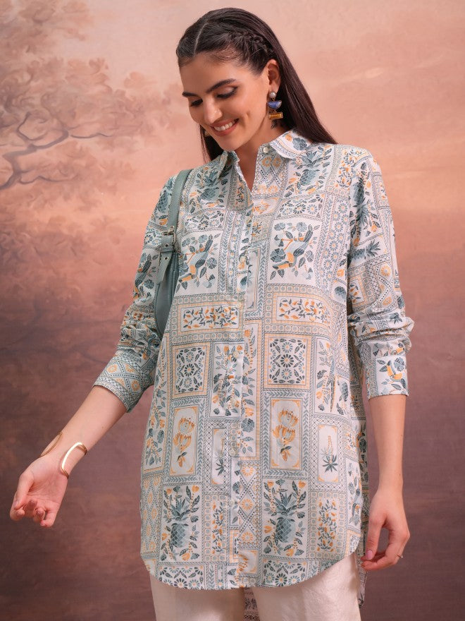 Vishudh Women Off White Printed Tunic - Off White - Image 1
