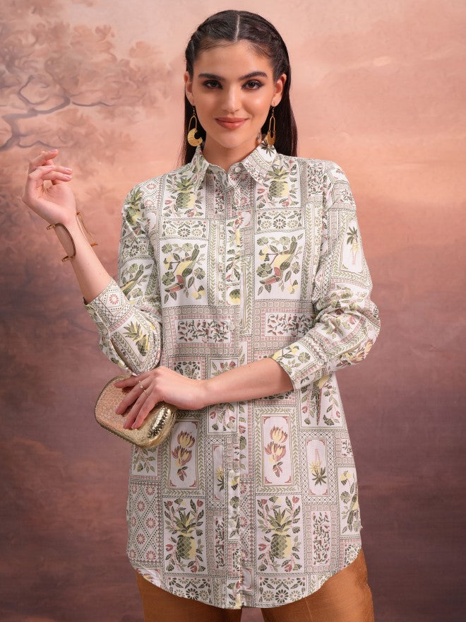 Vishudh Women Off White Printed Tunic - Off White - Image 1
