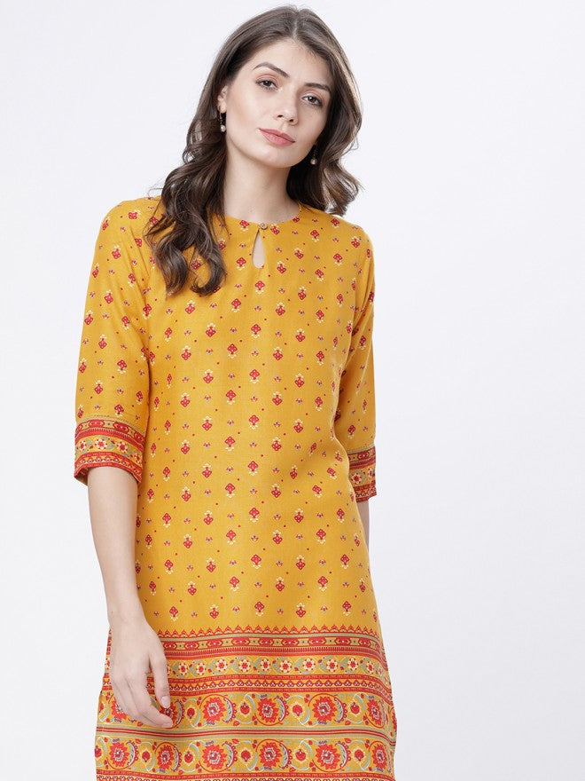 Vishudh Women Mustard Printed Tunic - Mustard - Image 1