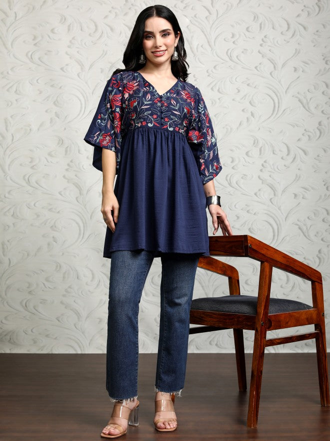 Vishudh Women Navy Blue Embroidered Tunic - Navy Blue - Image 2
