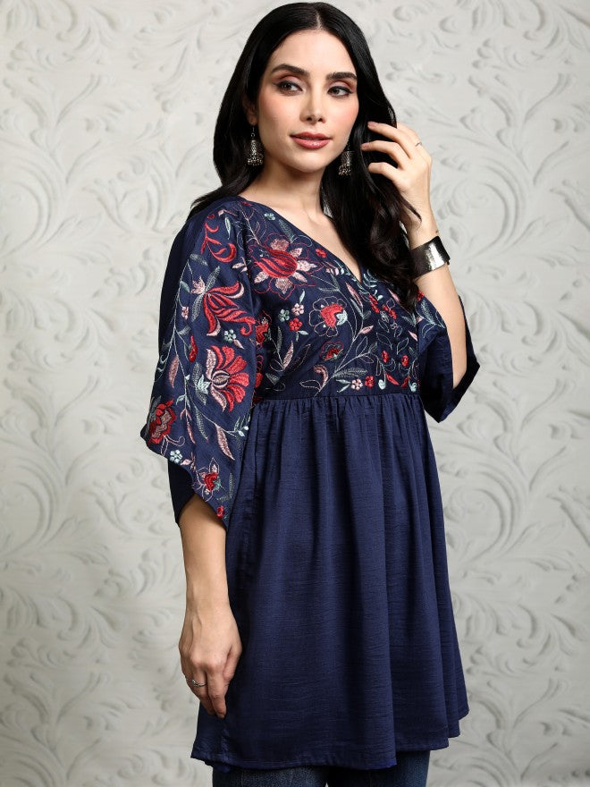 Vishudh Women Navy Blue Embroidered Tunic - Navy Blue - Image 6