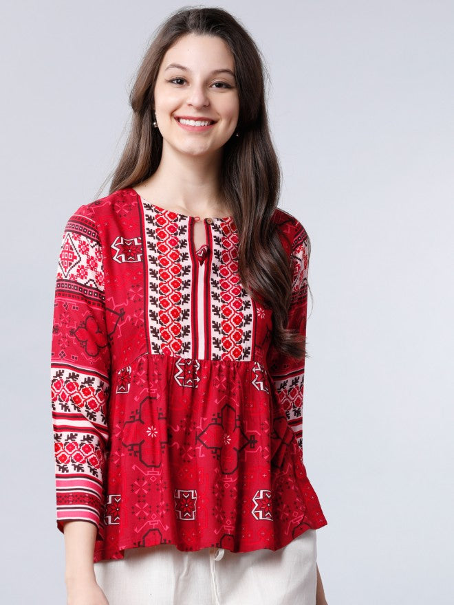 Vishudh  Keyhole Neck Gather Top - Red - Image 1