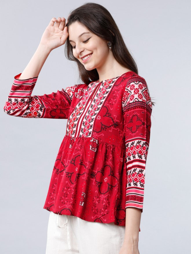 Vishudh  Keyhole Neck Gather Top - Red - Image 2