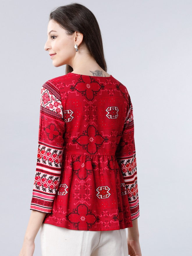 Vishudh  Keyhole Neck Gather Top - Red - Image 3