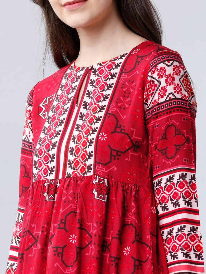 Vishudh  Keyhole Neck Gather Top - Red - Image 4