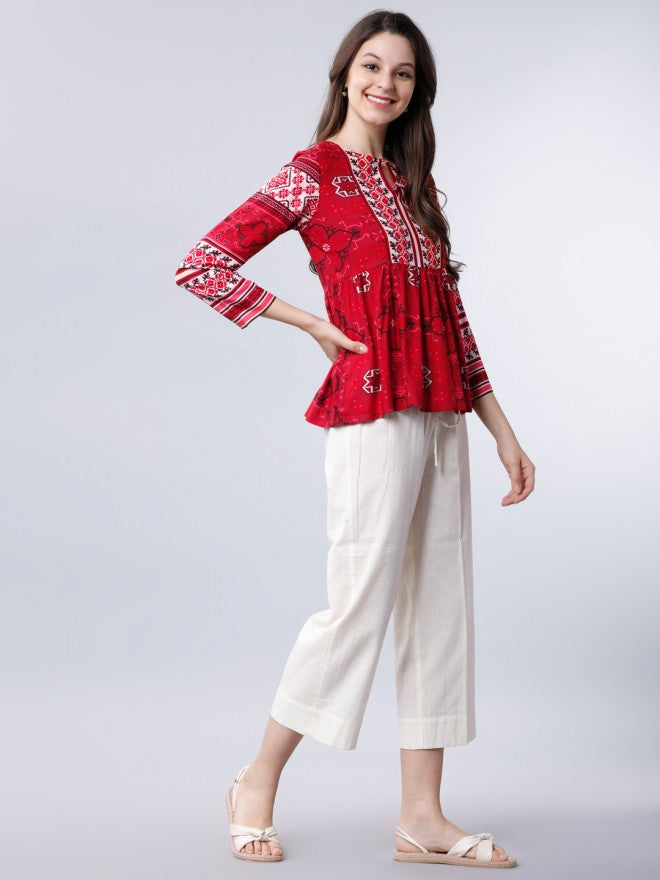 Vishudh  Keyhole Neck Gather Top - Red - Image 5