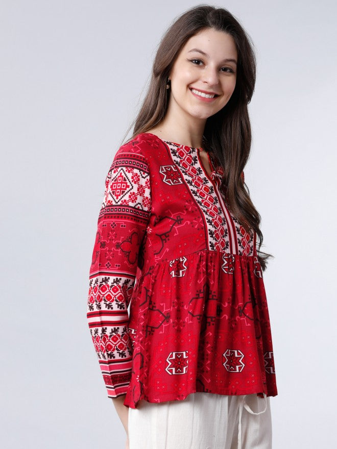 Vishudh  Keyhole Neck Gather Top - Red - Image 6