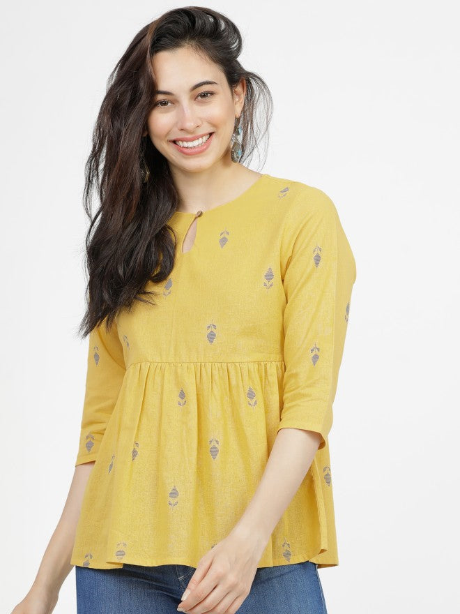 Vishudh Womens Mustard Printed Gather Top - Mustard - Image 1