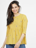 Vishudh Womens Mustard Printed Gather Top - Mustard - Image 1