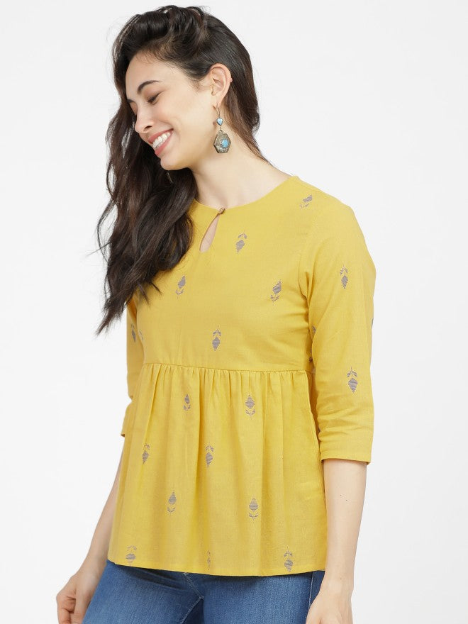 Vishudh Womens Mustard Printed Gather Top - Mustard - Image 2
