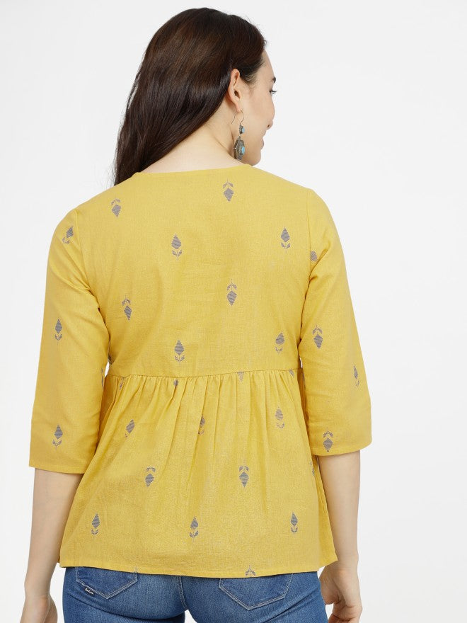 Vishudh Womens Mustard Printed Gather Top - Mustard - Image 3