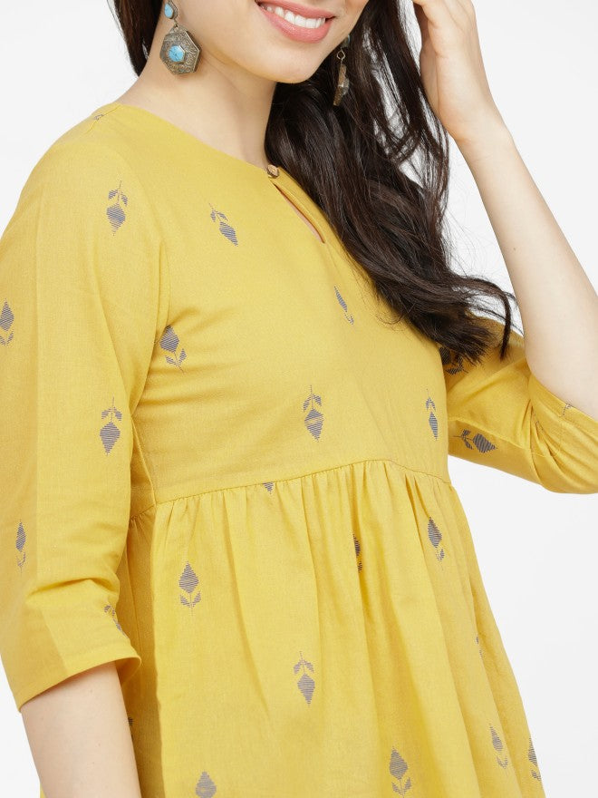Vishudh Womens Mustard Printed Gather Top - Mustard - Image 4