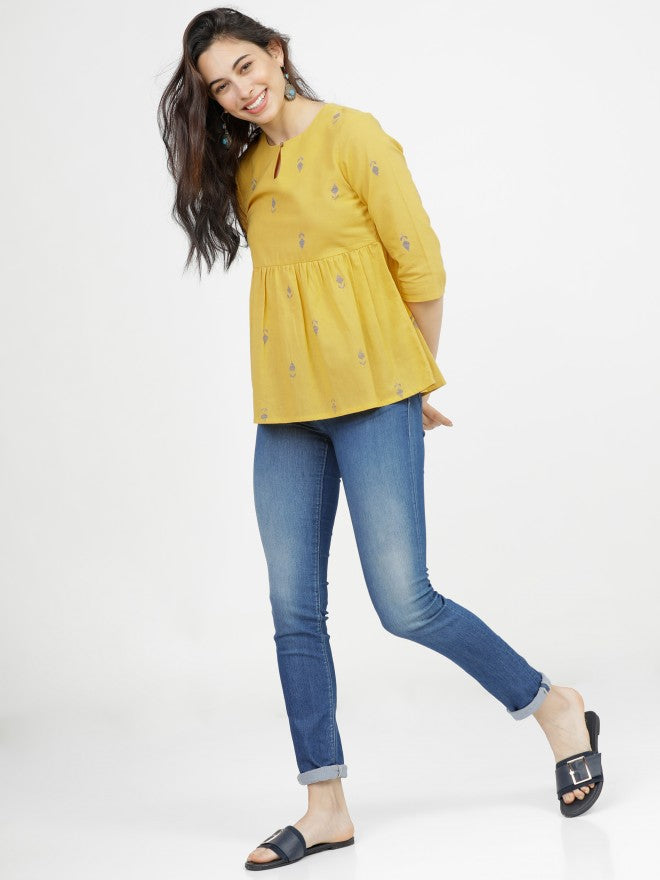 Vishudh Womens Mustard Printed Gather Top - Mustard - Image 5