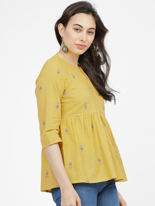 Vishudh Womens Mustard Printed Gather Top - Mustard - Image 6