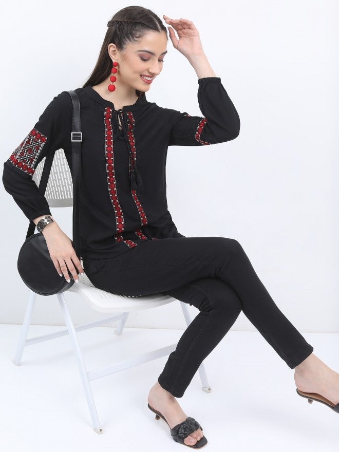 Vishudh Women Black Embroidered Top - Black - Image 2