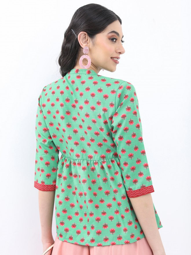 Vishudh Women Green Printed Regular Top - Green - Image 3