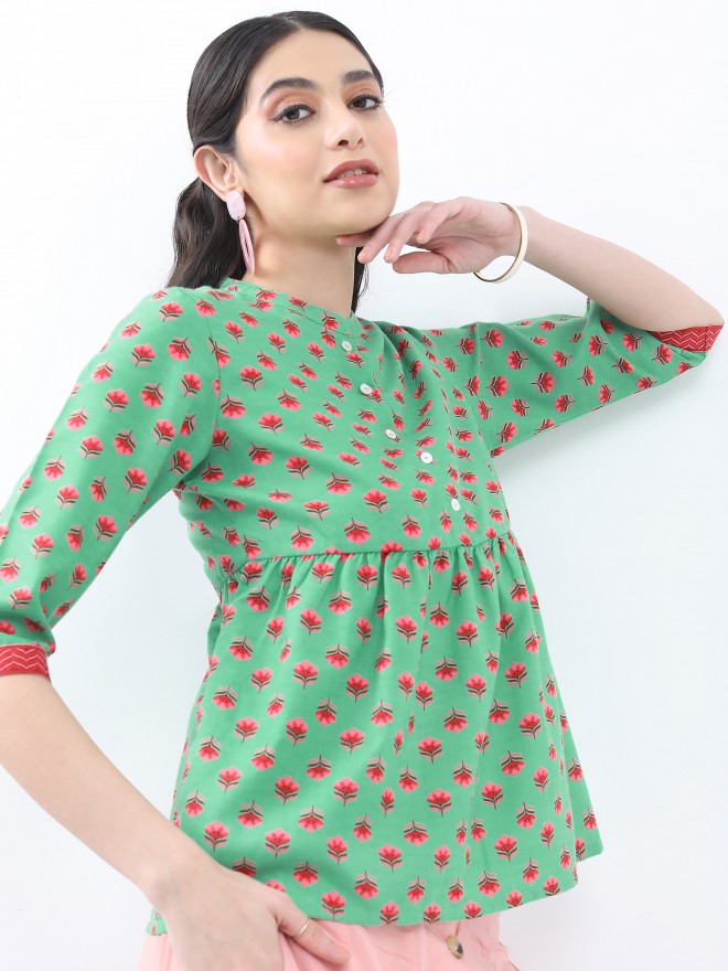 Vishudh Women Green Printed Regular Top - Green - Image 6