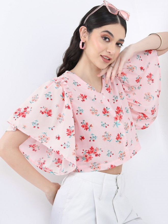 Vishudh Women Lt Pink Printed Regular Top - Pink - Image 1