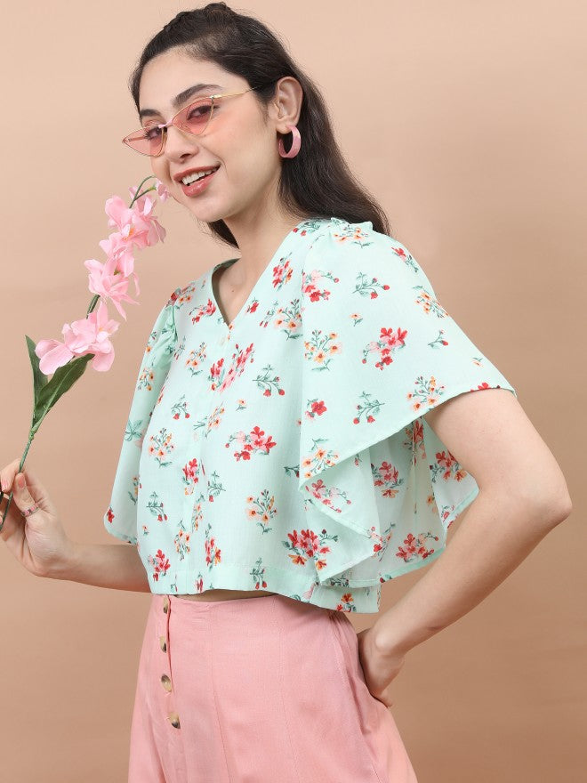 Vishudh Women Lt Mint/Green Printed Regular Top - Multi - Image 4