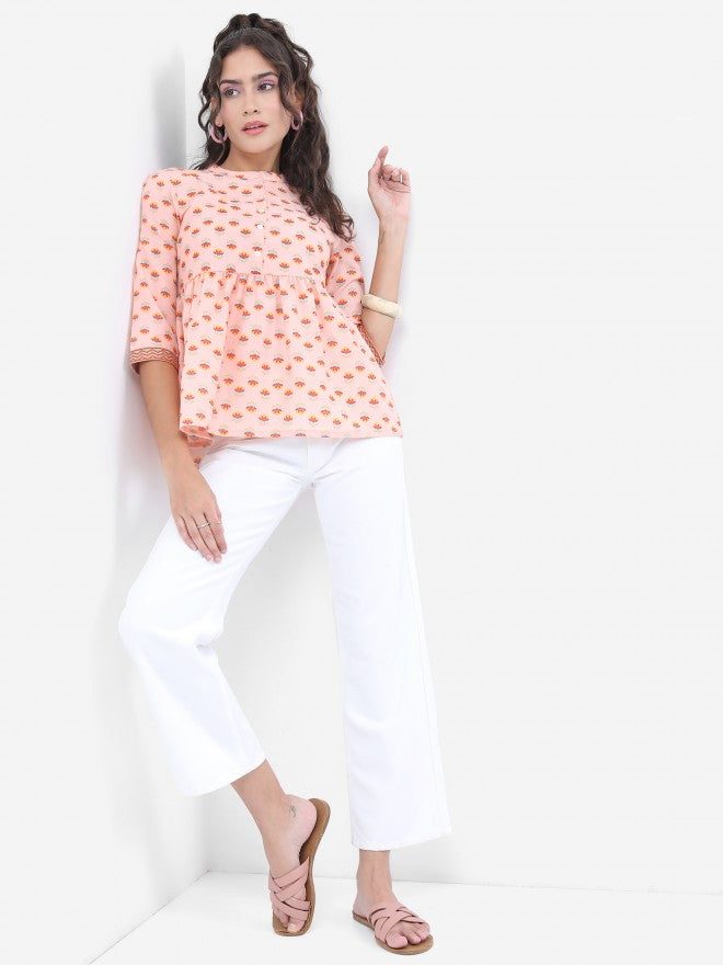 Vishudh Women Peach Printed Top - Peach - Image 2