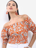 Vishudh Women Rust Printed Off Shoulder Smocked Crop Top - Terracotta - Image 1