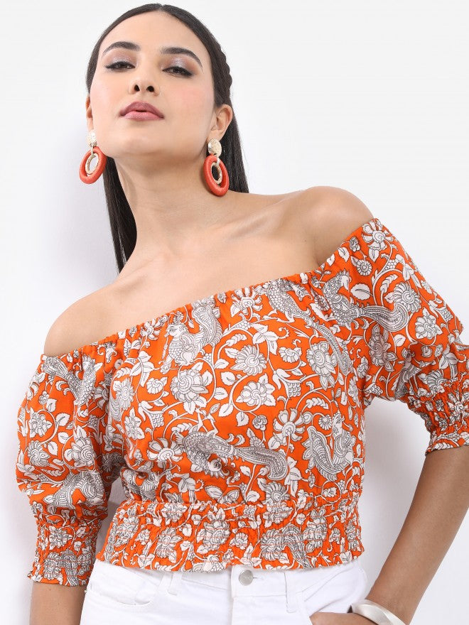 Vishudh Women Rust Printed Off Shoulder Smocked Crop Top - Terracotta - Image 1