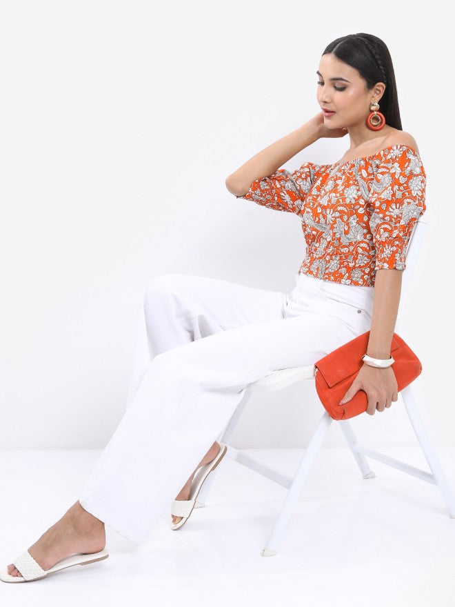 Vishudh Women Rust Printed Off Shoulder Smocked Crop Top - Terracotta - Image 2