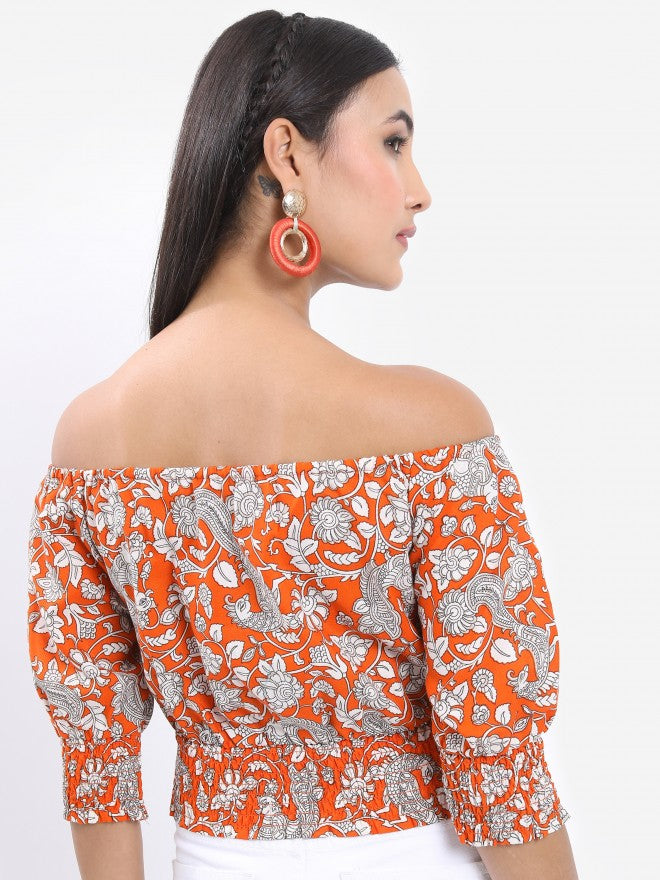 Vishudh Women Rust Printed Off Shoulder Smocked Crop Top - Terracotta - Image 3