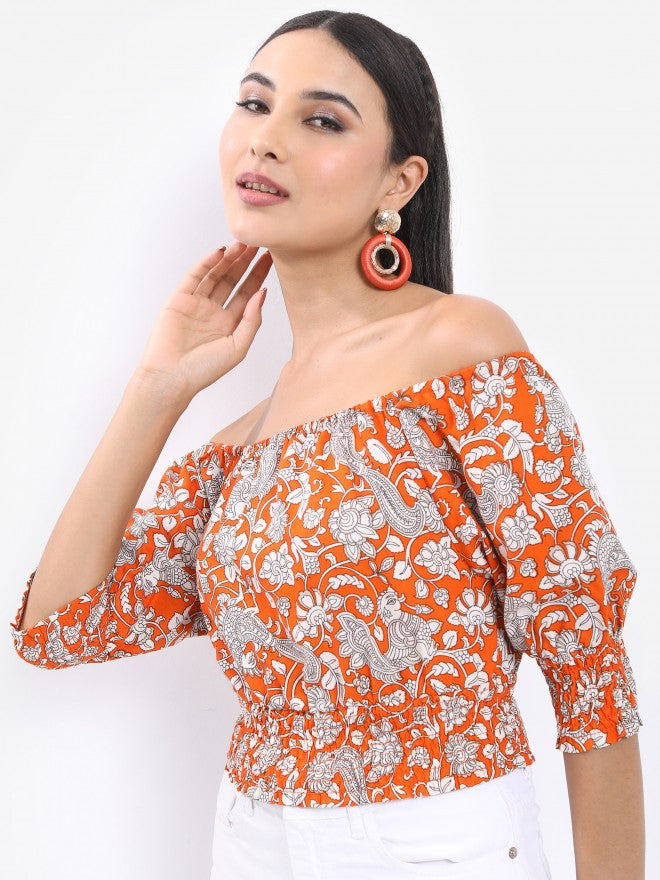 Vishudh Women Rust Printed Off Shoulder Smocked Crop Top - Terracotta - Image 4