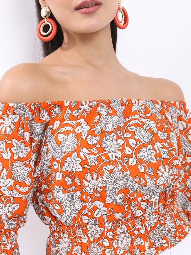 Vishudh Women Rust Printed Off Shoulder Smocked Crop Top - Terracotta - Image 5