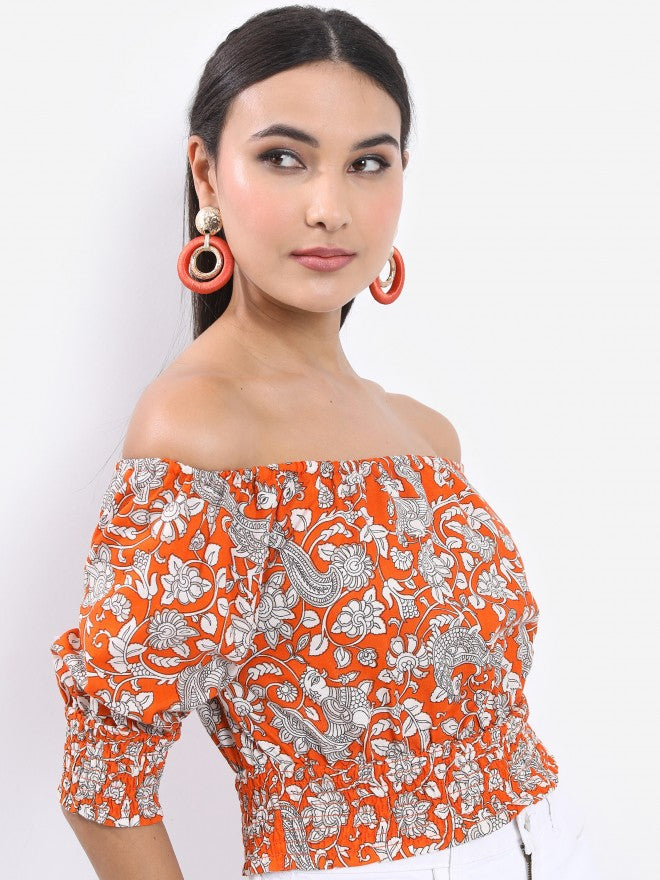 Vishudh Women Rust Printed Off Shoulder Smocked Crop Top - Terracotta - Image 6