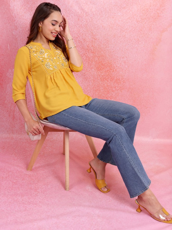 Vishudh Women Yellow Embroidered Top - Yellow - Image 2