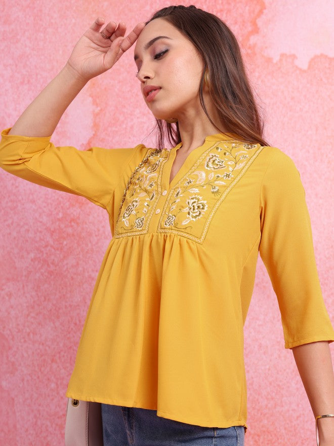 Vishudh Women Yellow Embroidered Top - Yellow - Image 4