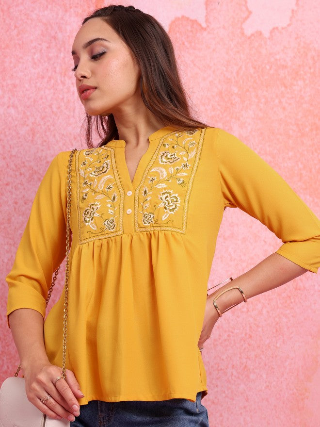 Vishudh Women Yellow Embroidered Top - Yellow - Image 6