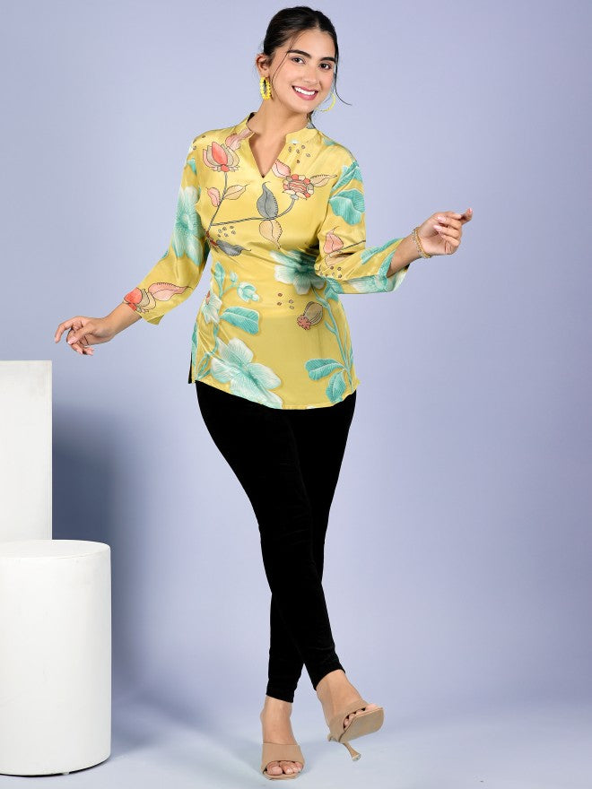 Vishudh Women Yellow Printed Shirt Style Top - Yellow - Image 2