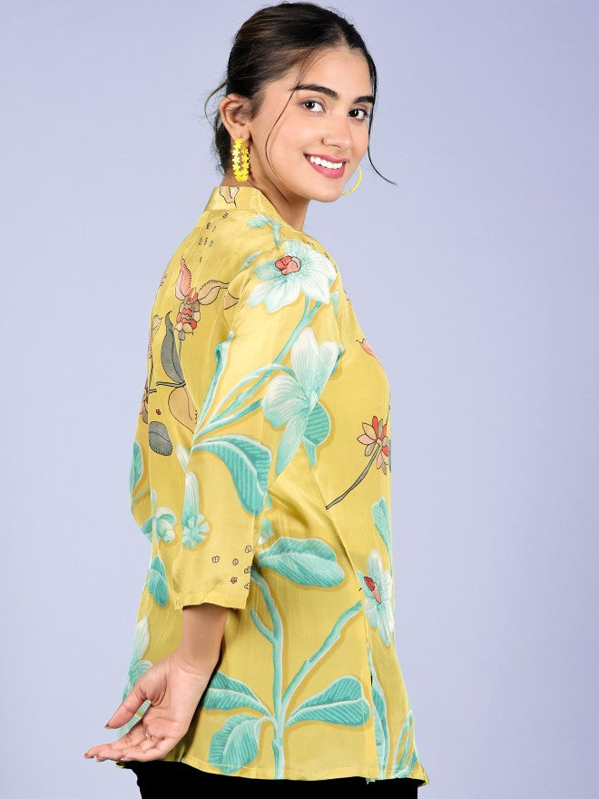Vishudh Women Yellow Printed Shirt Style Top - Yellow - Image 3