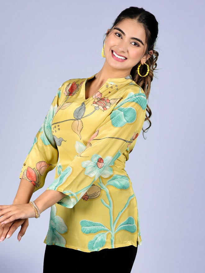 Vishudh Women Yellow Printed Shirt Style Top - Yellow - Image 4