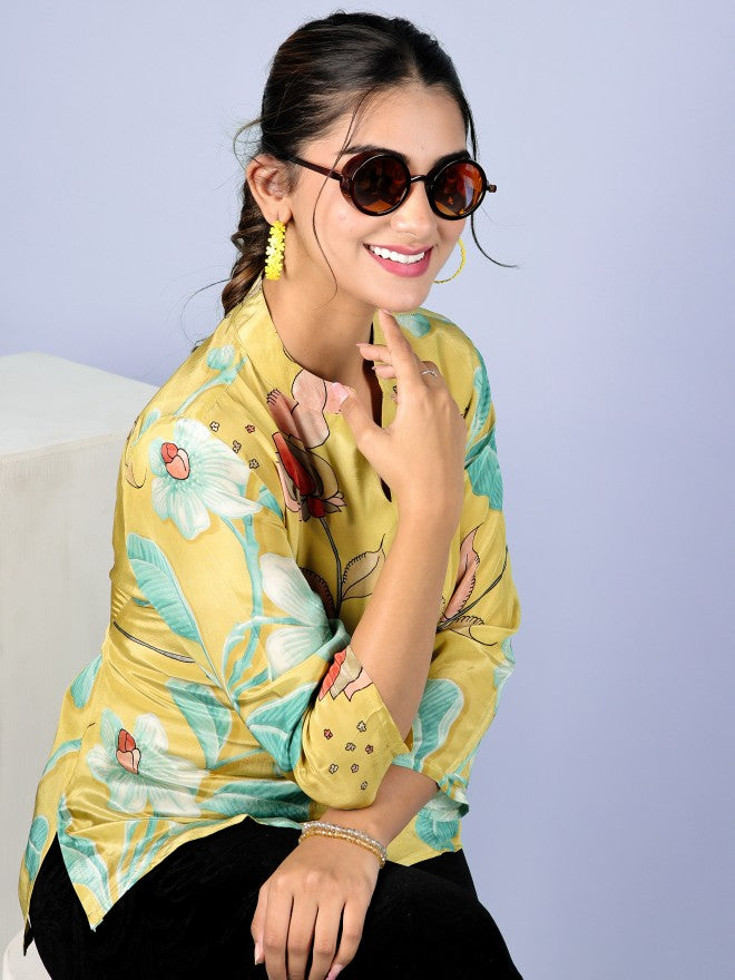 Vishudh Women Yellow Printed Shirt Style Top - Yellow - Image 6