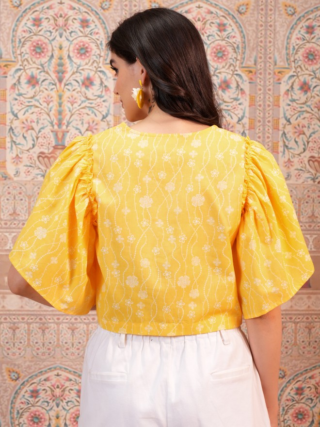 Vishudh Women Yellow Printed Top - Yellow - Image 3